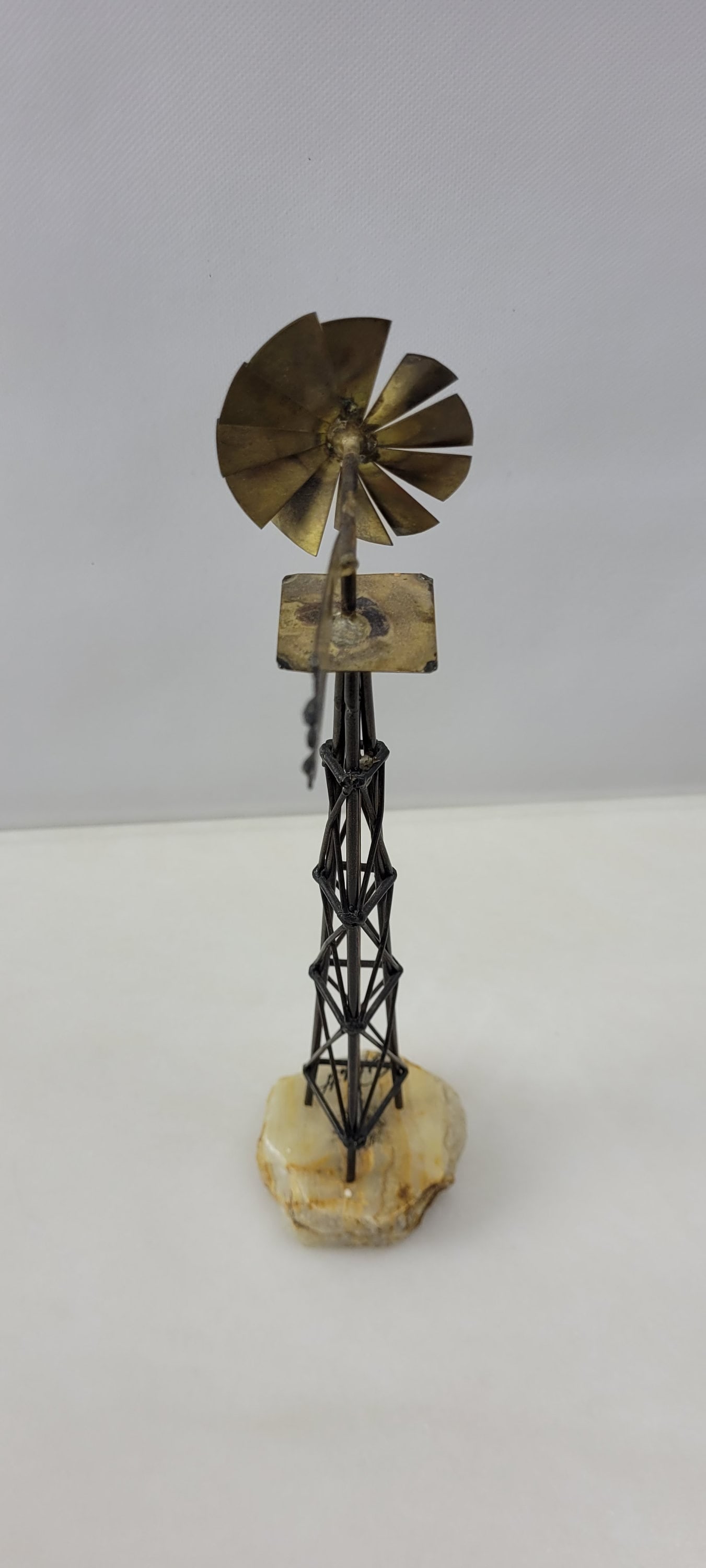 Vintage Brutalist Sculpture Signed DeMott Metal Windmill Statue on Stone Rustic Americana Desk - 3