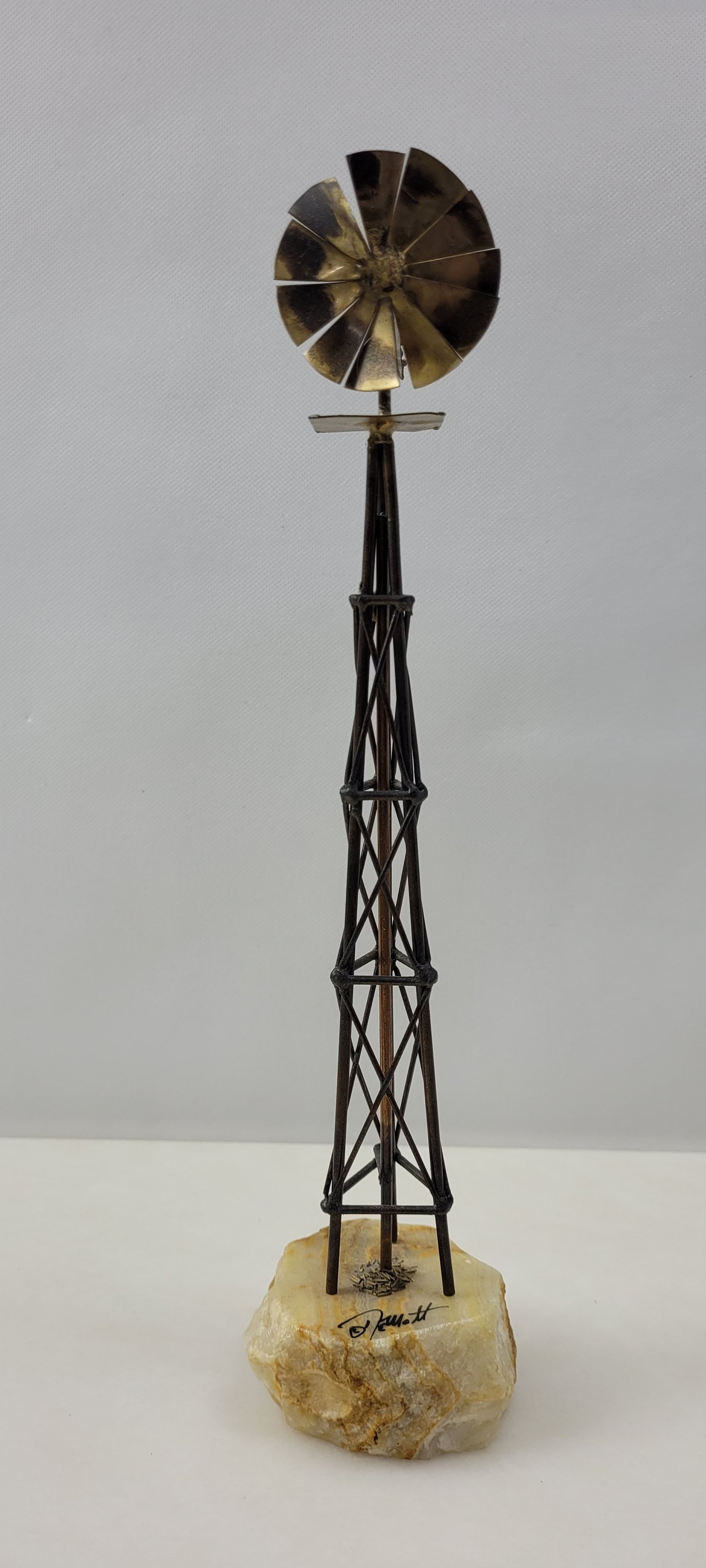 Vintage Brutalist Sculpture Signed DeMott Metal Windmill Statue on Stone Rustic Americana Desk - 4
