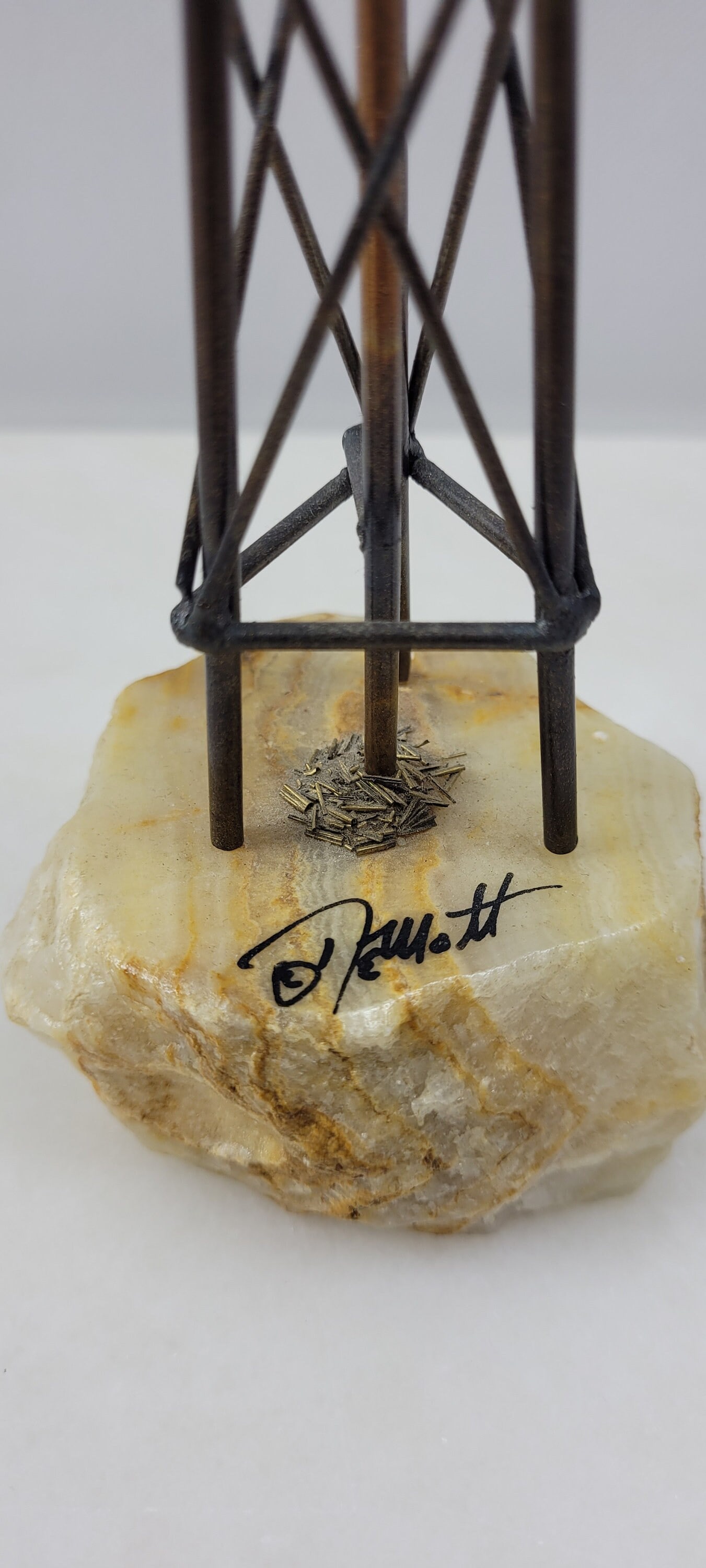 Vintage Brutalist Sculpture Signed DeMott Metal Windmill Statue on Stone Rustic Americana Desk - 5