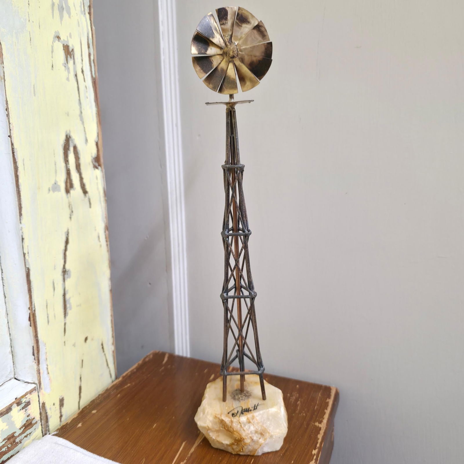 Vintage Brutalist Sculpture Signed DeMott Metal Windmill Statue on Stone Rustic Americana Desk - 6