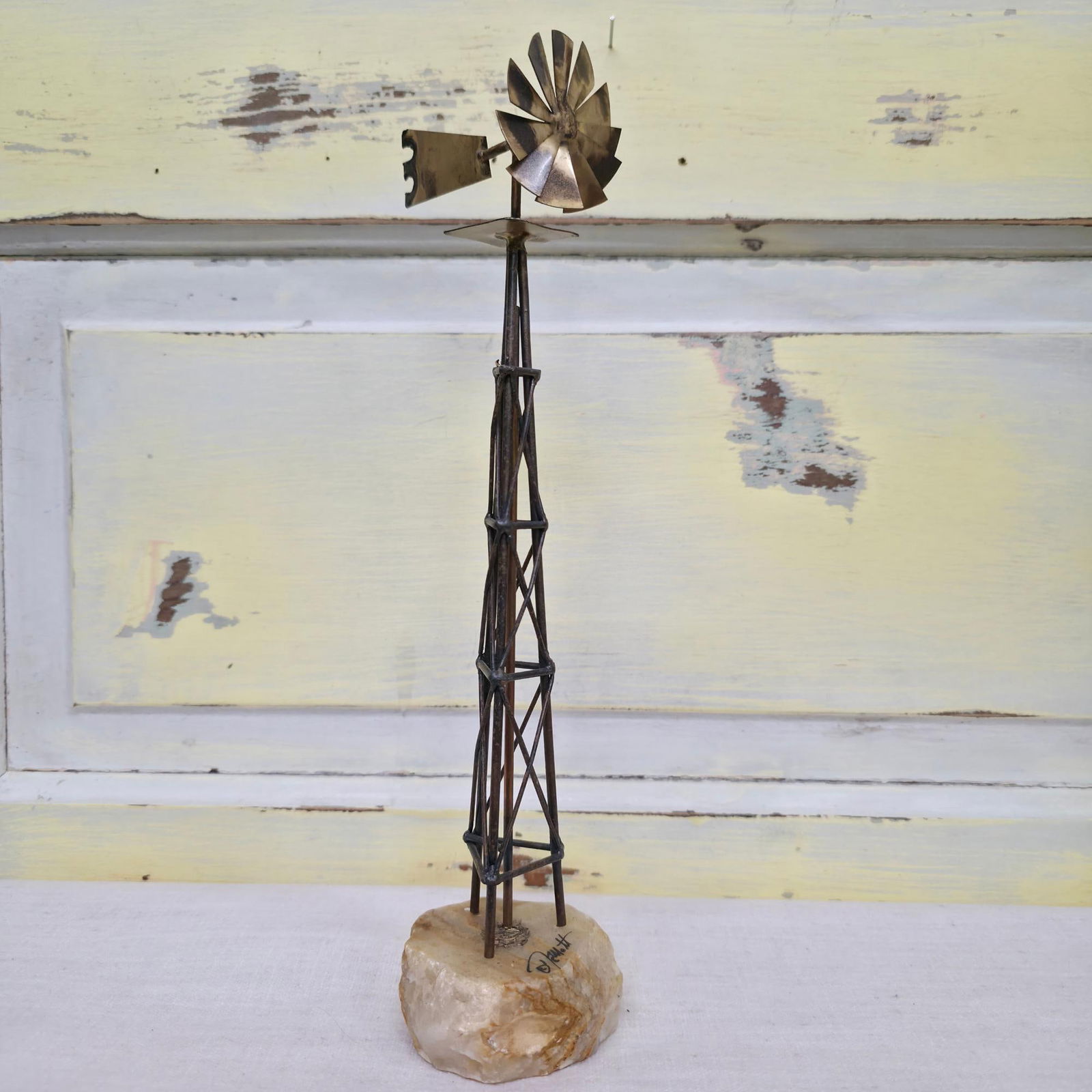Vintage Brutalist Sculpture Signed DeMott Metal Windmill Statue on Stone Rustic Americana Desk - 8