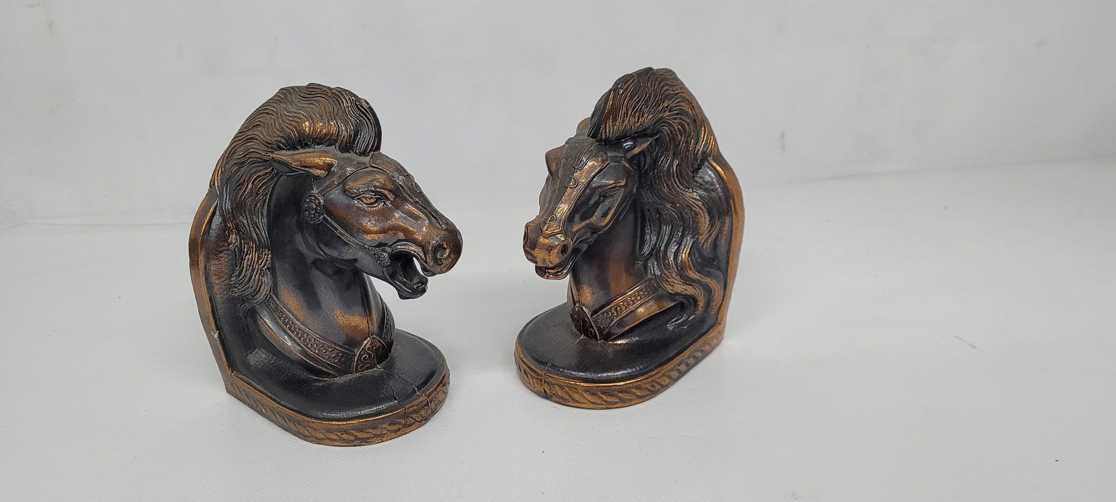 Vintage horse head bookends, bronze finish metal pair, equestrian office decor, 5.5", lodge style (1 of 8)