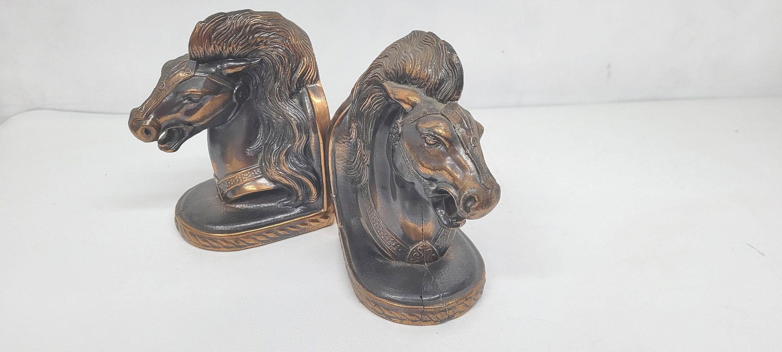 Vintage horse head bookends, bronze finish metal pair, equestrian office decor, 5.5", lodge style - 5