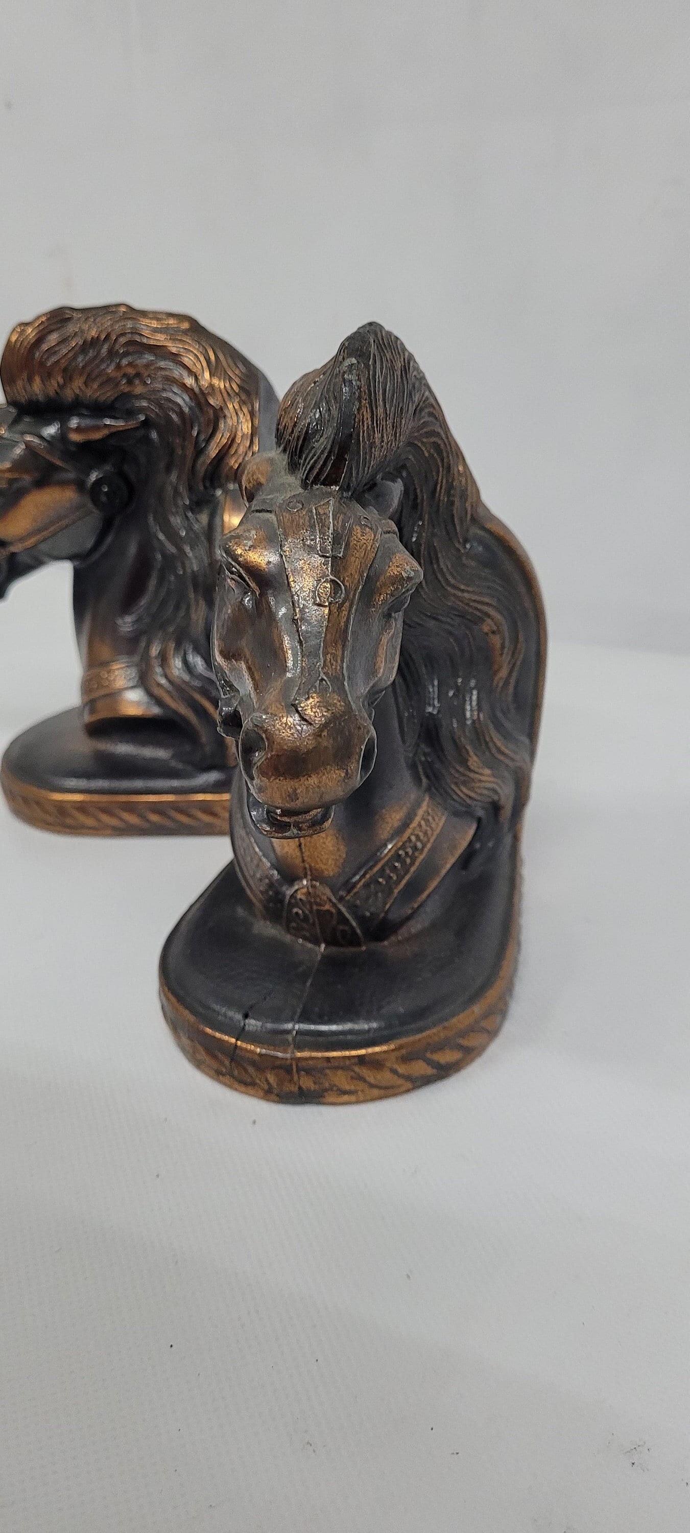 Vintage horse head bookends, bronze finish metal pair, equestrian office decor, 5.5", lodge style - 7