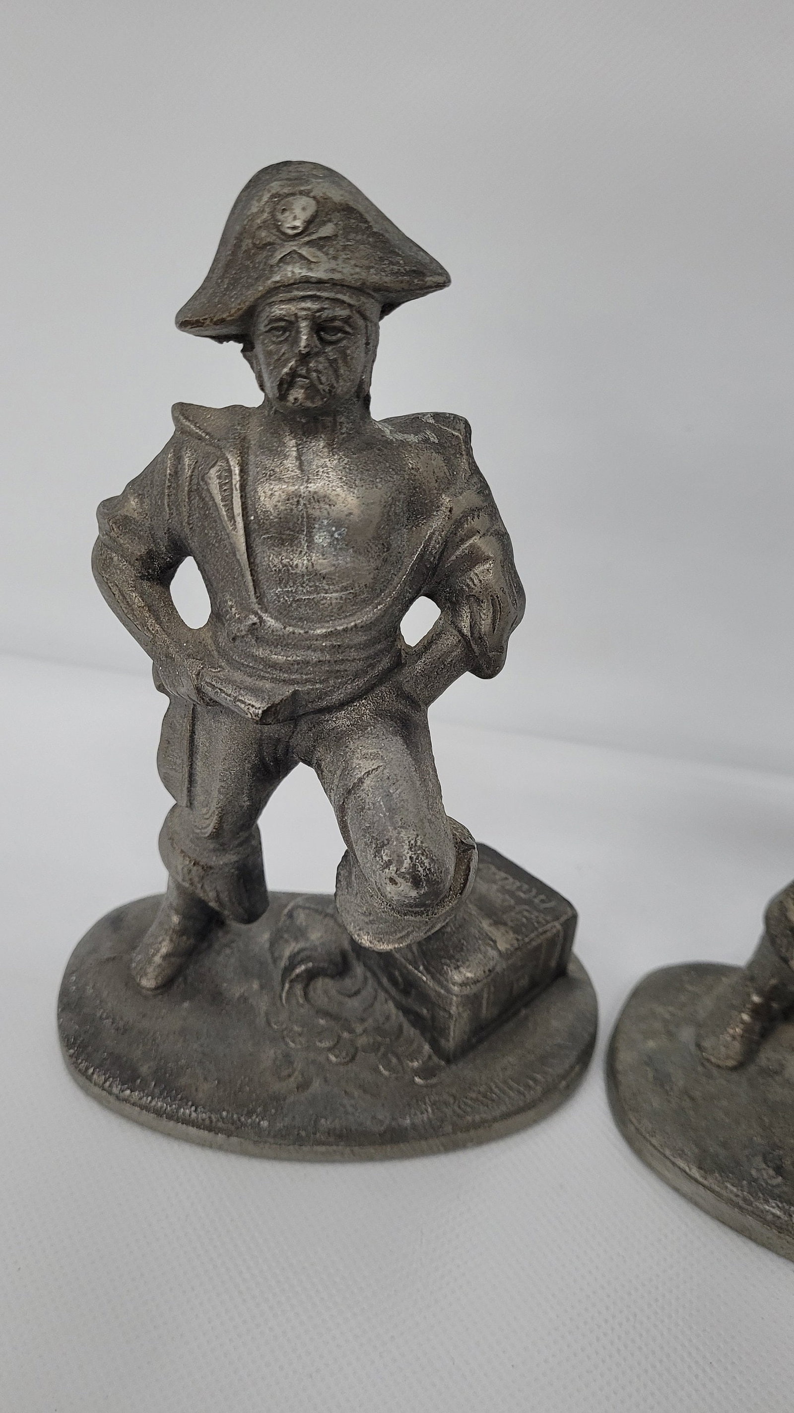 Vintage Pirate Statues Bookends Cast Iron book holders Brushed Silver Pewter 5.5"H - 2