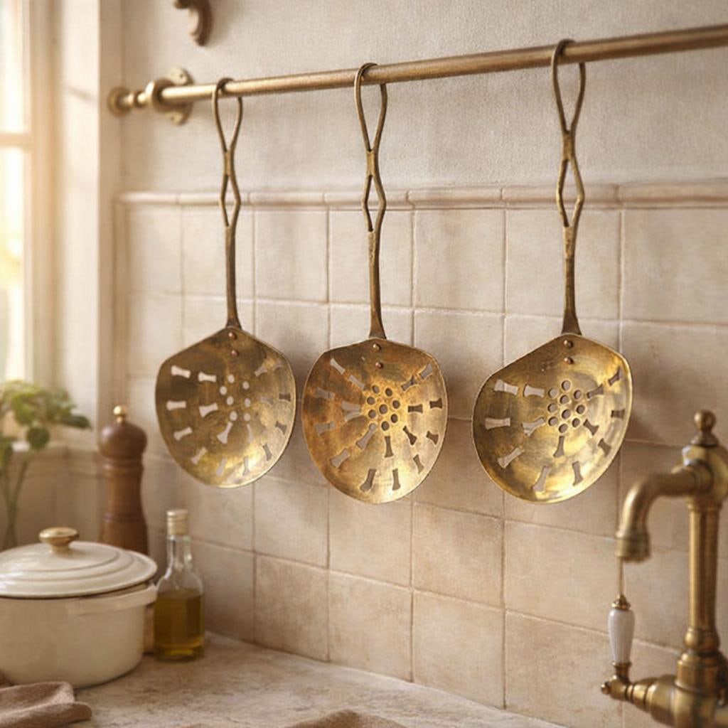 Vintage brass pierced skimmers set of three, long handled French country kitchen wall decor - 7