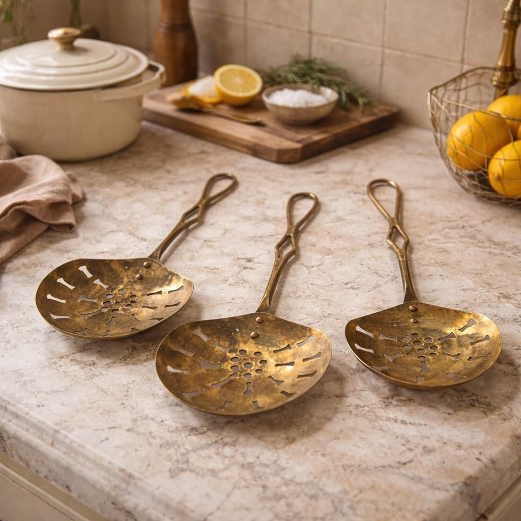 Vintage brass pierced skimmers set of three, long handled French country kitchen wall decor - 8