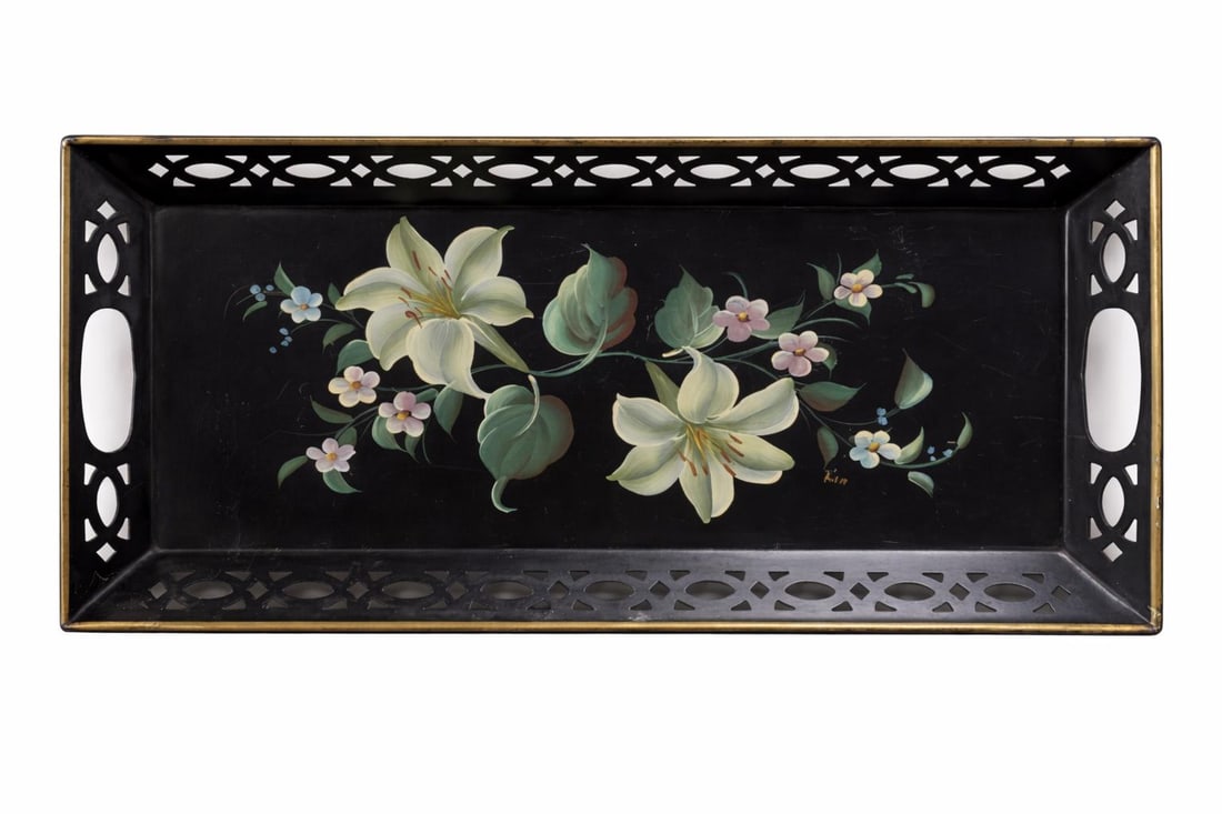 Vintage Metal Floral Toleware gallery wall serving tray, hand painted lilies flowers hostess drinks - 5