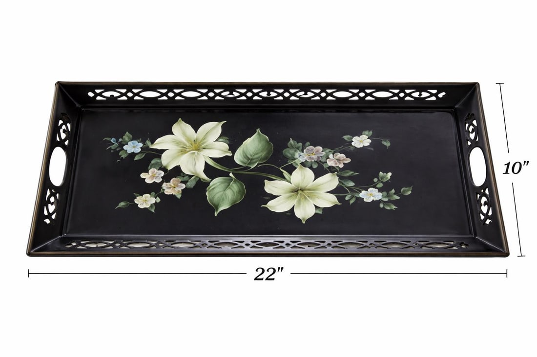 Vintage Metal Floral Toleware gallery wall serving tray, hand painted lilies flowers hostess drinks - 7