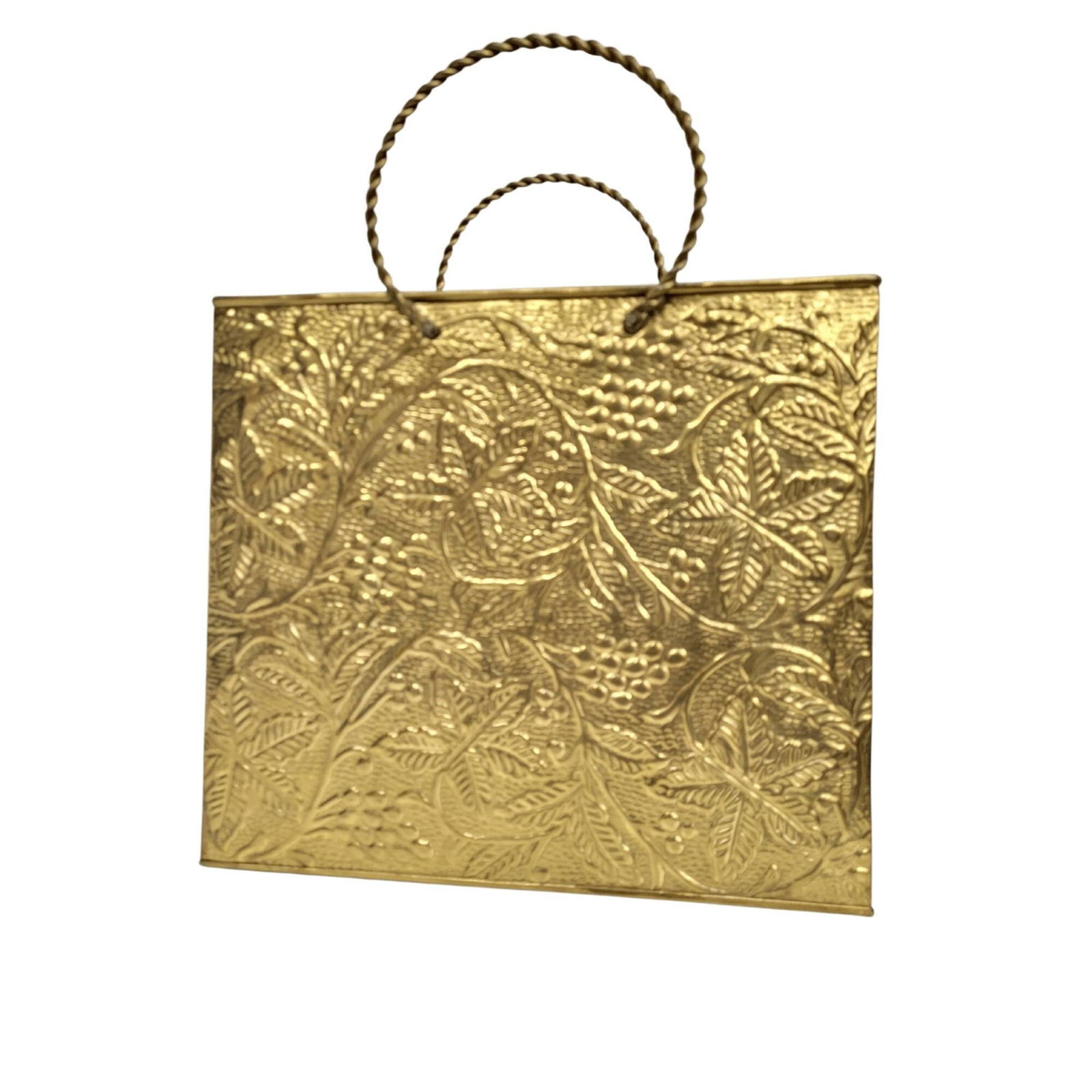 Vintage brass magazine rack, embossed foliate Indian export fireside paper holder, twisted rope: Title: Vintage brass magazine rack, embossed foliate Indian export fireside paper holder, twisted rope handles, late 20th century Description: Vintage from the 1970s Materials: Brass, metal Width: