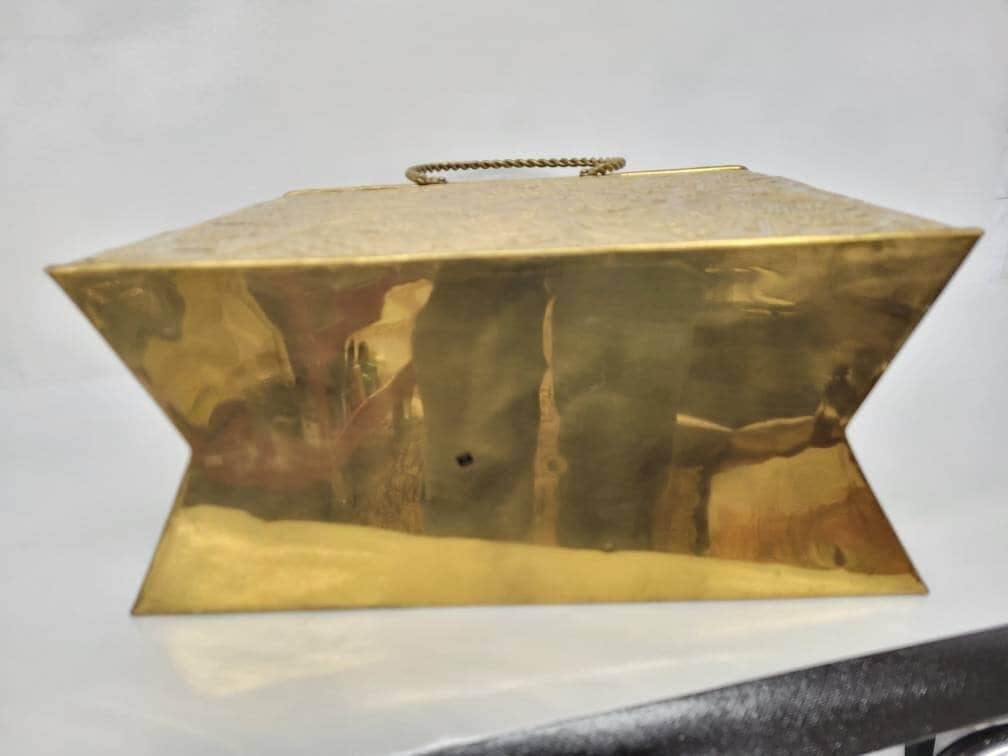 Vintage brass magazine rack, embossed foliate Indian export fireside paper holder, twisted rope - 2