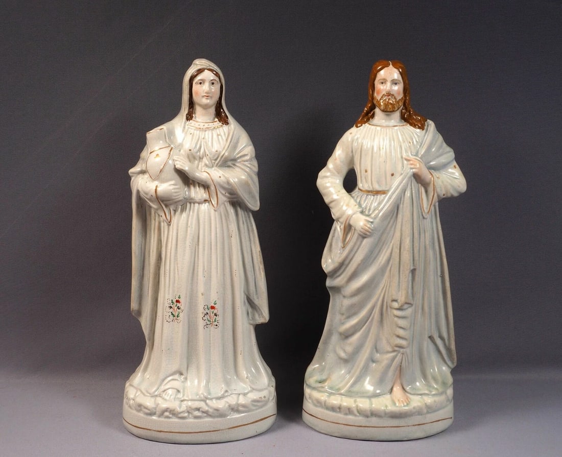 STAFFORDSHIRE FIGURINE Rare Pair Christ and the Woman of Samaria Victorian: Title: STAFFORDSHIRE FIGURINE Rare Pair Christ and the Woman of Samaria Victorian Description: . This is a beautiful and very hard to find matching pair of Staffordshire figurines of Christ and the Wo