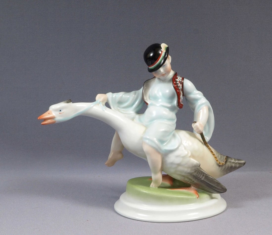 Herend Porcelain Figurine Hungarian Boy ridding goose Large Hungary 5515 - 3