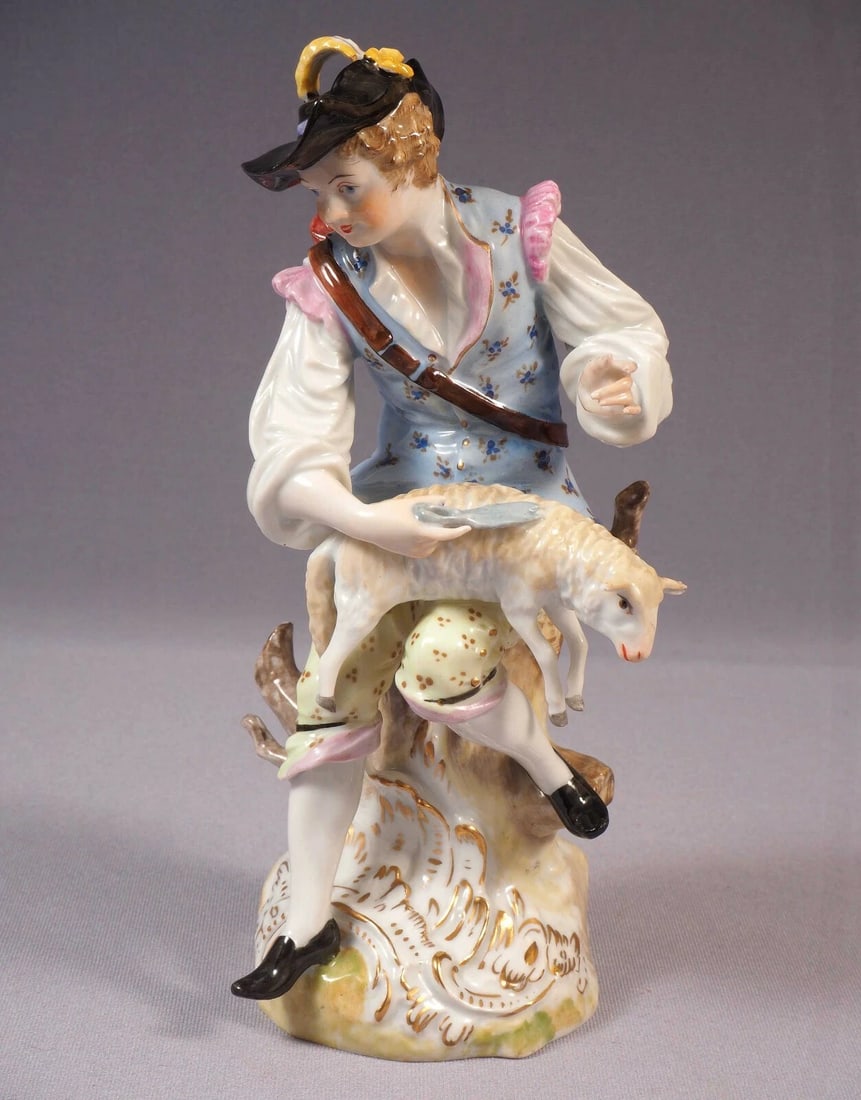 Antique Hand Painted Dresden Carl Thieme Victorian Figurine Man Lamb Germany - 2