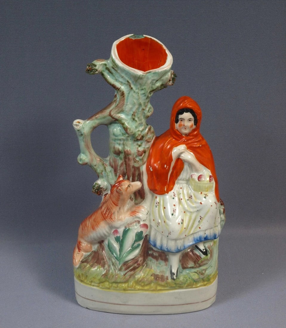Staffordshire Figurine LITTLE RED RIDING HOOD VASE WOLF c. late 1800 England - 2