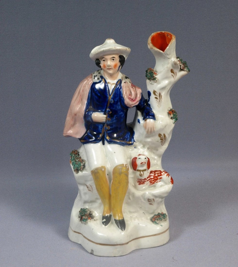 Staffordshire Figurine Boy Man Dog Flowers VASE c. late 1800 England - 2