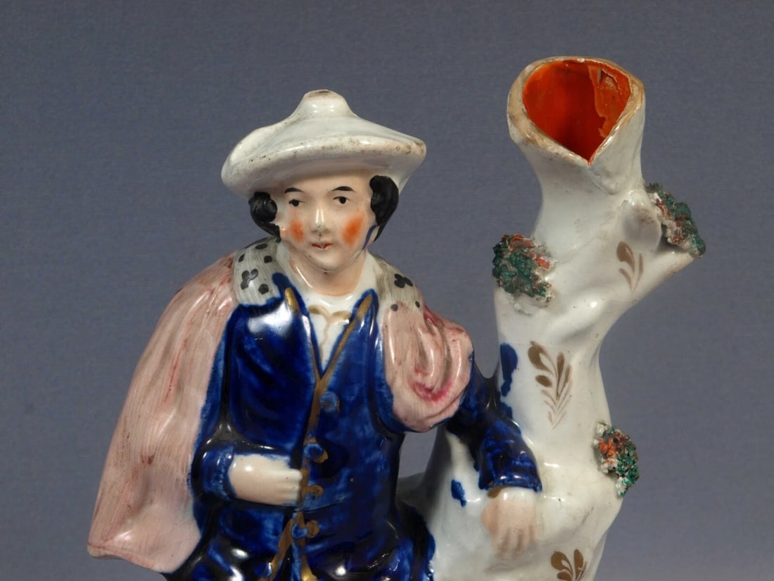 Staffordshire Figurine Boy Man Dog Flowers VASE c. late 1800 England - 3
