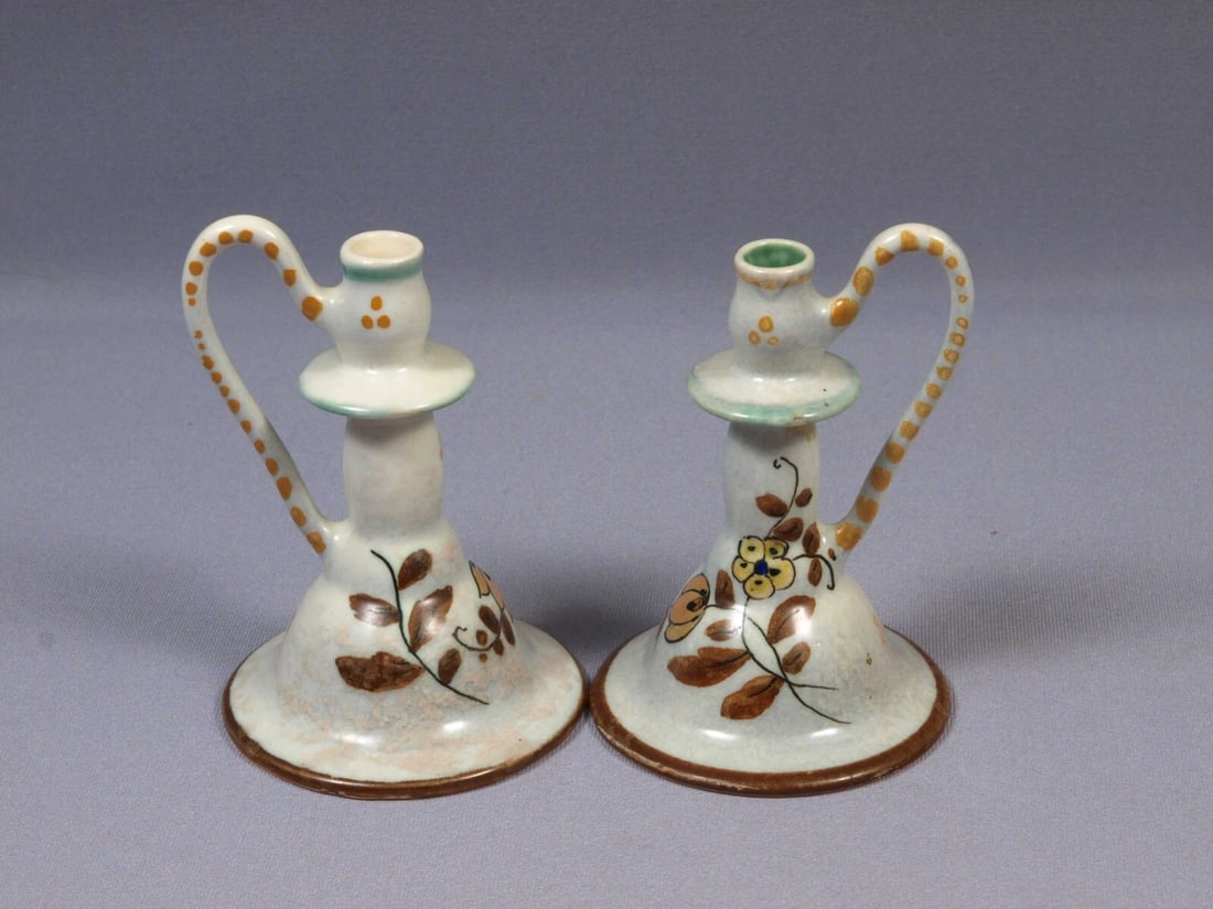 Gouda Holland TWO Candle Sticks Vases Vintage Matching pair: Title: Gouda Holland TWO Candle Sticks Vases Vintage Matching pairDescription: . This is absolutely magnificent matching pair vases made by Gouda. They are decorated with lovely hand painted orange
