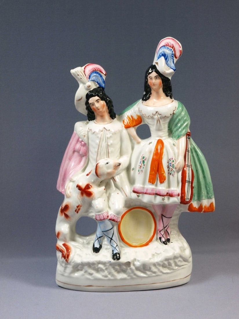STAFFORDSHIRE Figure Scottish man lady couple Antique Victorian Dog - 2