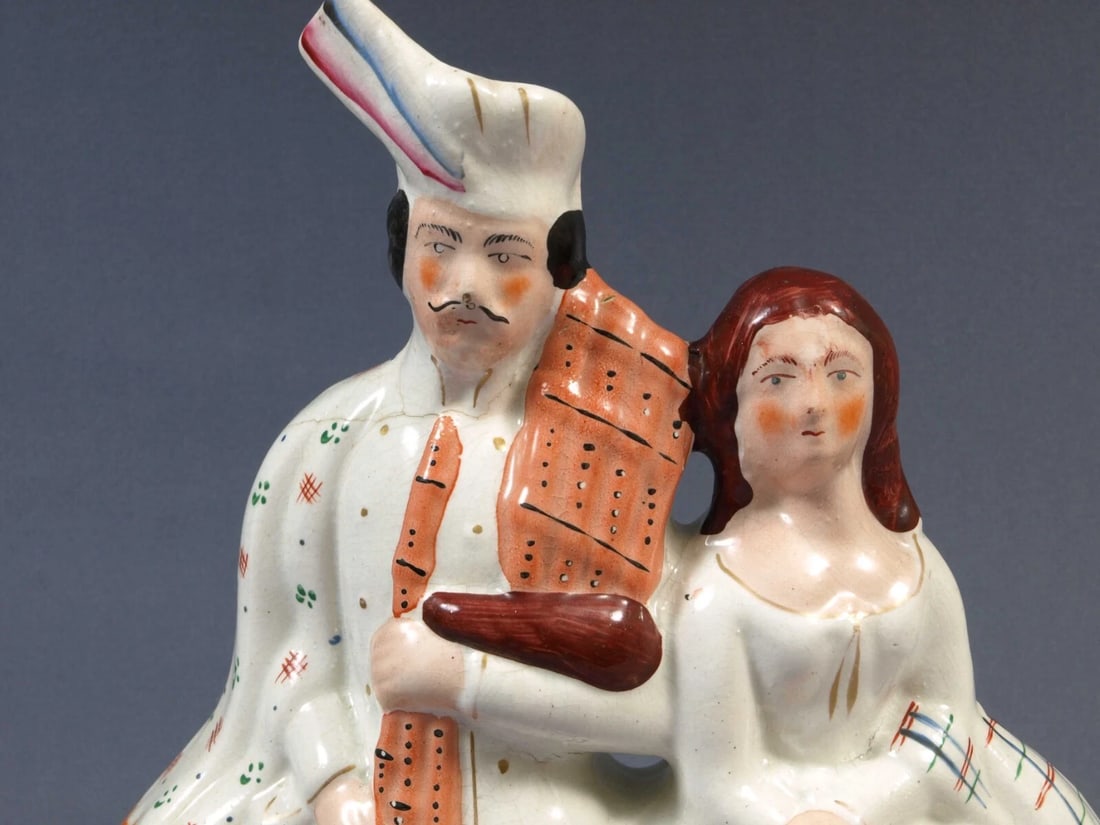 STAFFORDSHIRE Figure Scottish man lady Gat Clock couple Antique Victorian - 4