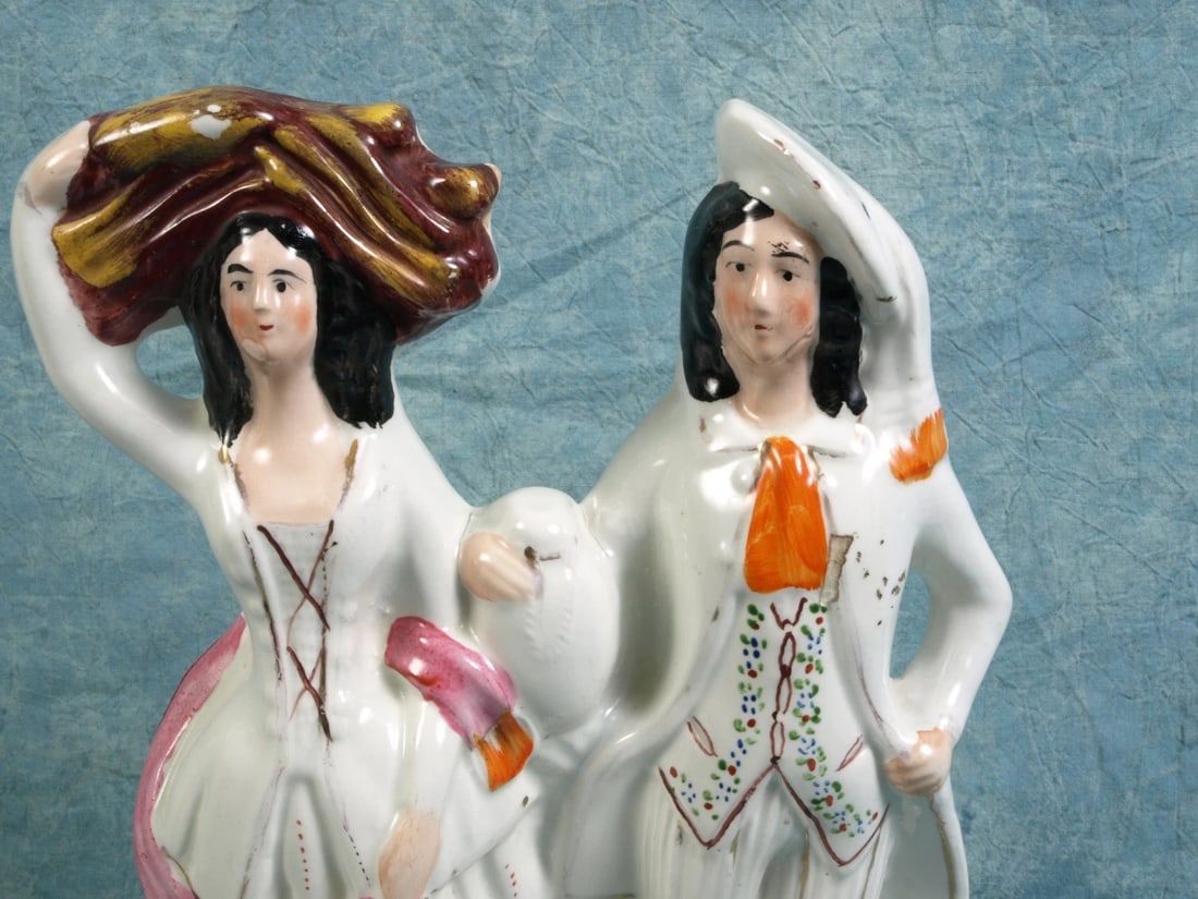 STAFFORDSHIRE Figure Scottish man lady hat couple Antique Victorian: Title: STAFFORDSHIRE Figure Scottish man lady hat couple Antique Victorian Description: . This is a beautiful Staffordshire figurine depicts a Scottish couple dressed in period outfit with a bird c 18