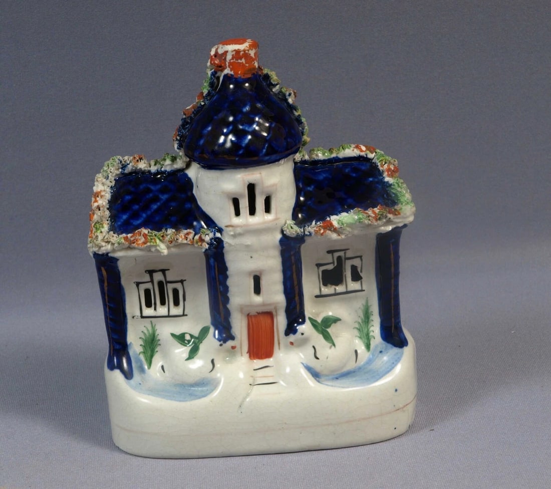 STAFFORDSHIRE Figure Cottage House Birds Flowers Cobalt Blue Antique Victorian: Title: STAFFORDSHIRE Figure Cottage House Birds Flowers Cobalt Blue Antique Victorian Description: . This is a beautiful Staffordshire figurine depicts a house. The figure has many fine hand painted d