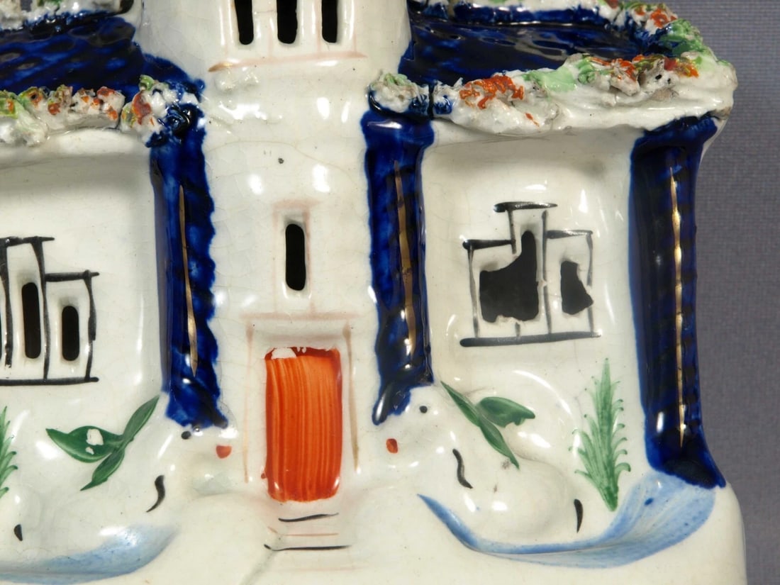 STAFFORDSHIRE Figure Cottage House Birds Flowers Cobalt Blue Antique Victorian - 3