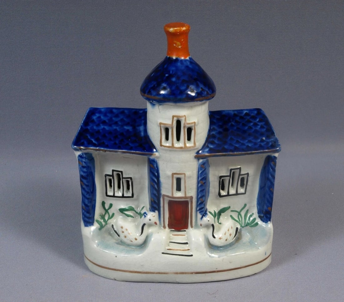 STAFFORDSHIRE Figure Cottage House Birds Cobalt Blue Antique Victorian: Title: STAFFORDSHIRE Figure Cottage House Birds Cobalt Blue Antique Victorian Description: . This is a beautiful Staffordshire figurine depicts a house. The figure has many fine hand painted details.
