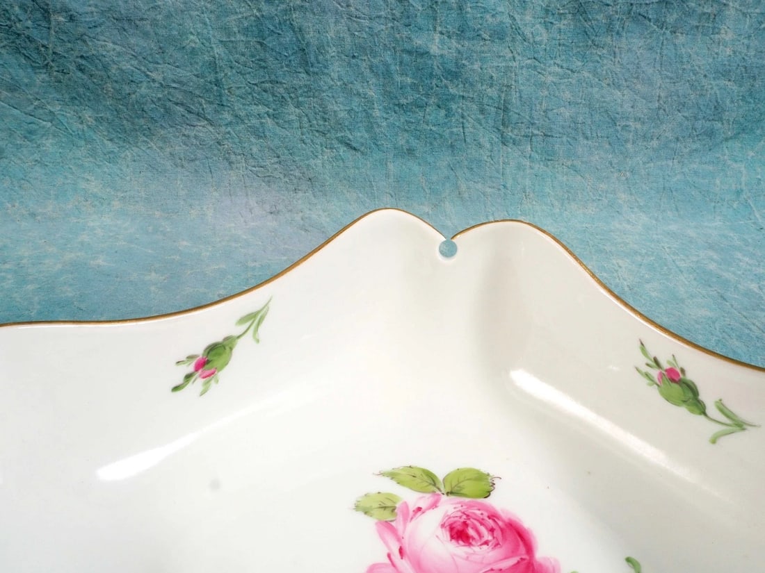 RARE MEISSEN Pink Rose Square Serving Bowl Ruffled Keyhole Corners Germany - 6