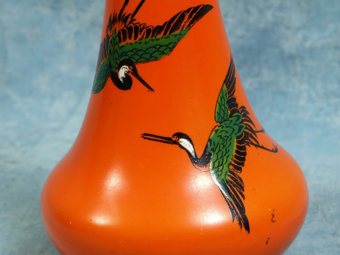 Shelley LARGE VASE Oriental Cranes Scarlet Red Orange pattern 8589 - 3