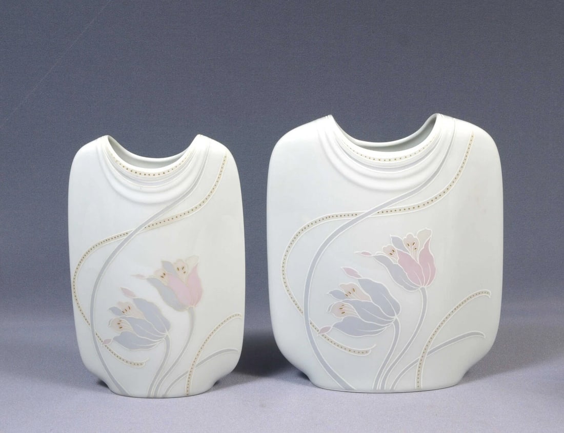 Pair of 2 AK Kaiser VASES West Germany Flowers Nadya by K. Nossek: Title: Pair of 2 AK Kaiser VASES West Germany Flowers Nadya by K. Nossek Description: . This is very rare and absolutely stunning SET of two matching Vases, from AK Kaiser designed by K. Nossek. The s