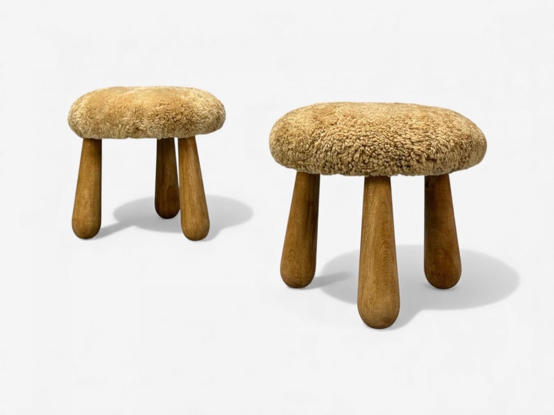 Danish Modern Style, Honey Sheepskin, Maple, Shearling Footstools, USA, 21st c. - 3