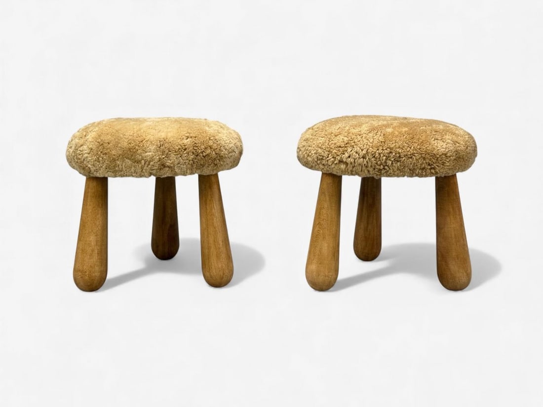 Danish Modern Style, Honey Sheepskin, Maple, Shearling Footstools, USA, 21st c. - 4