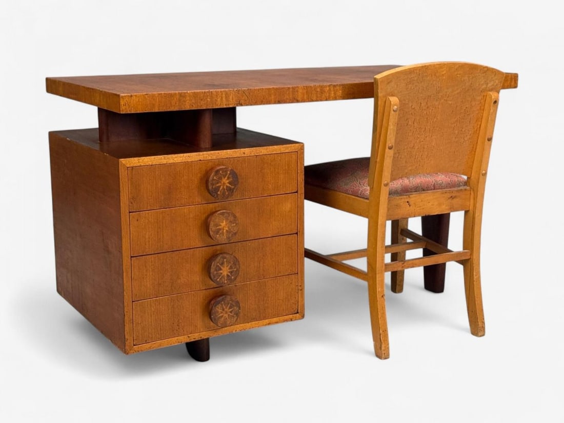 Andrew Szoeke, Satinwood, Oak, Writing Desk and Chair, USA, 1950s - 3
