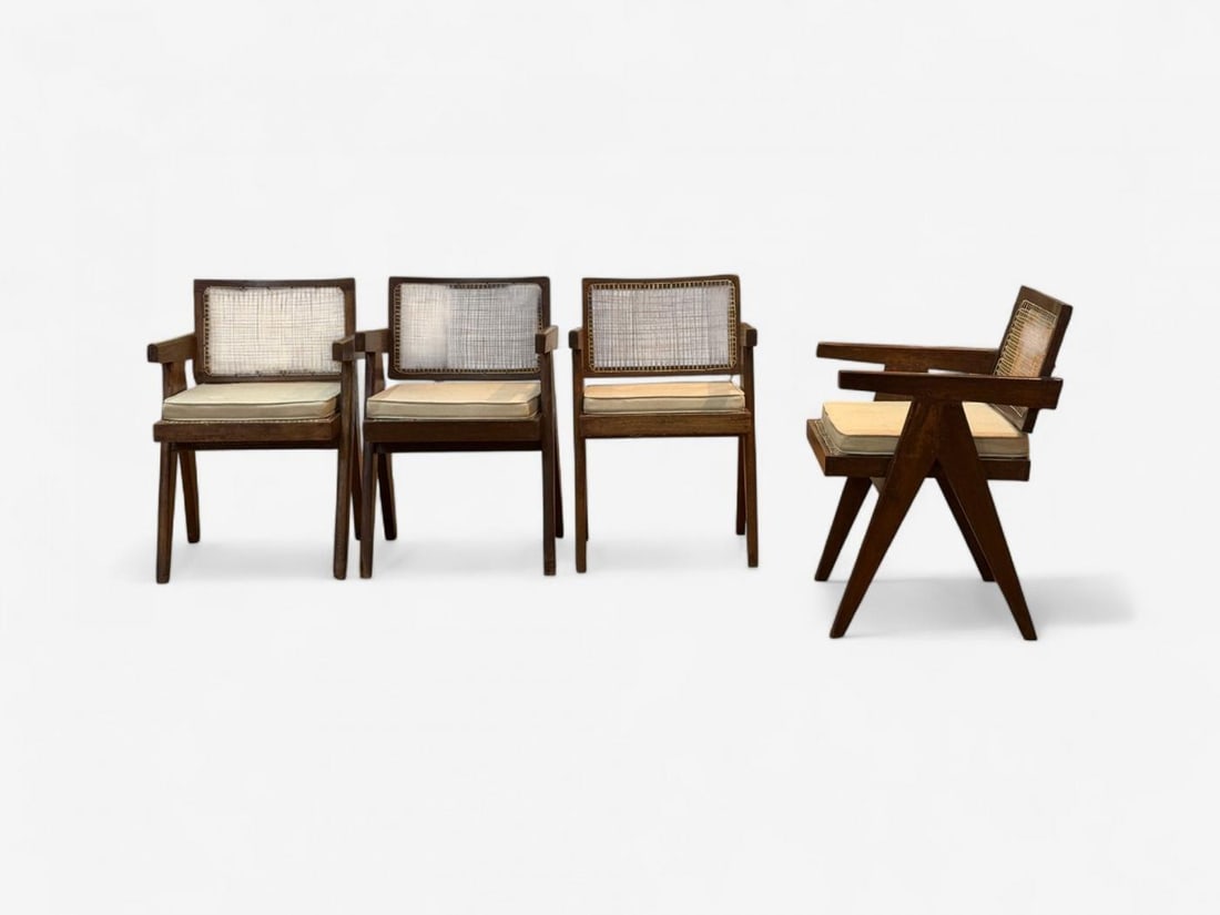 Pierre Jeanneret, Teak, Cane, Four Floating Back Chairs, Chandigarh, 1960s - 12