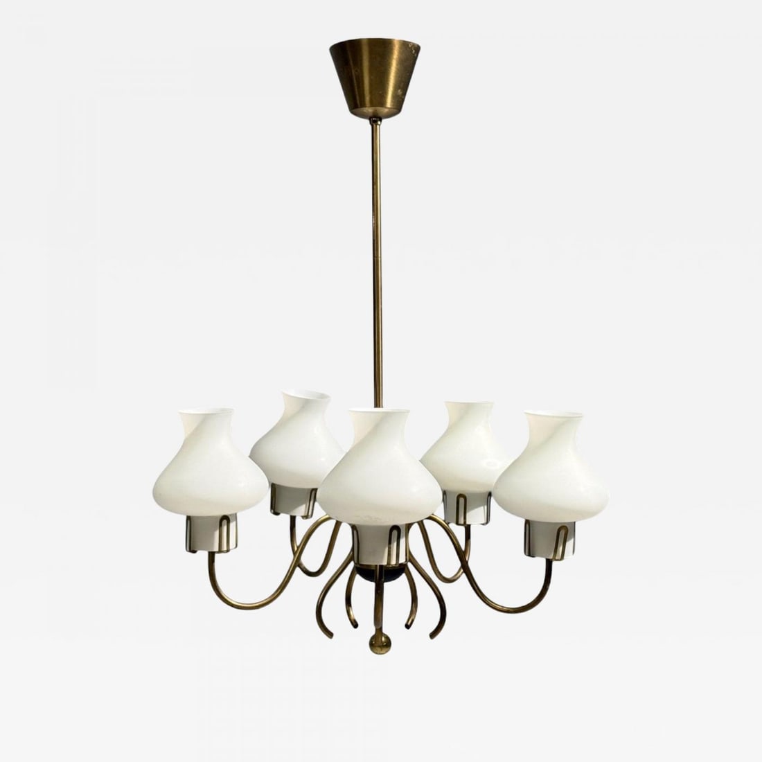 Swedish Modern, Pendant Light, Brass, Opal Glass, Sweden, 1950s: Title: Swedish Modern, Pendant Light, Brass, Opal Glass, Sweden, 1950s Description: "Swedish Mid-Century Modern, Pendant Light, Brass, Opal Glass, Sweden, 1950s A Scandinavian pendant light designed a