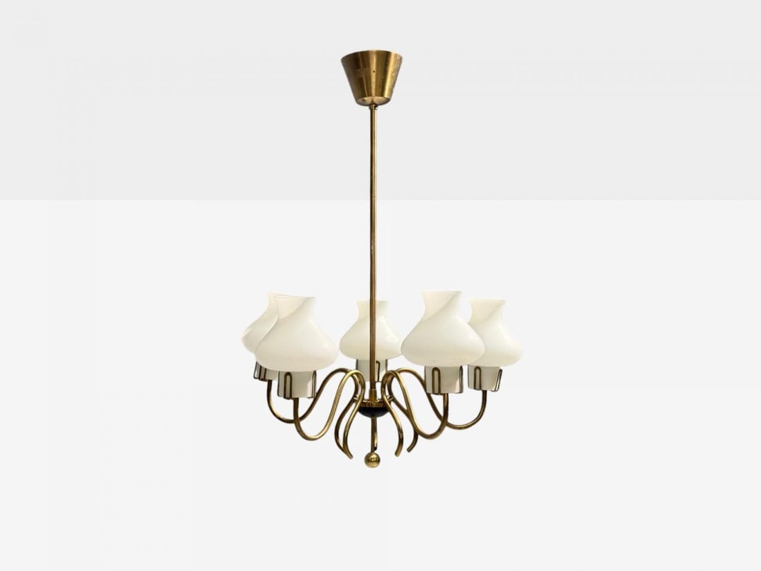 Swedish Modern, Pendant Light, Brass, Opal Glass, Sweden, 1950s - 2