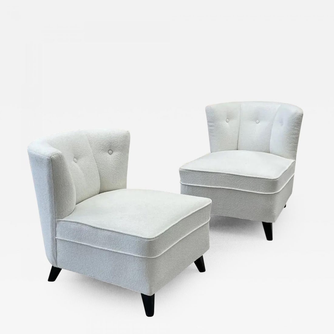 Pair Mid-Century Modern Slipper/Lounge Chairs, American, Bouclé, Pair Low Profie: Title: Pair Mid-Century Modern Slipper/Lounge Chairs, American, Bouclé, Pair Low Profie Description: "Pair Low Profile Mid-Century Modern Slipper/Lounge chairs, American, Bouclé Other Americ