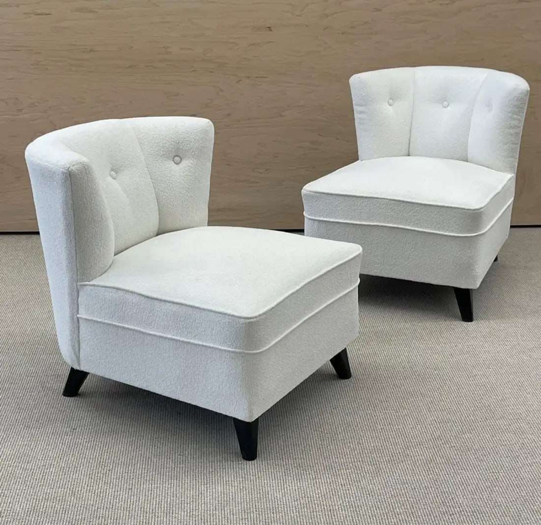 Pair Mid-Century Modern Slipper/Lounge Chairs, American, Bouclé, Pair Low Profie - 2