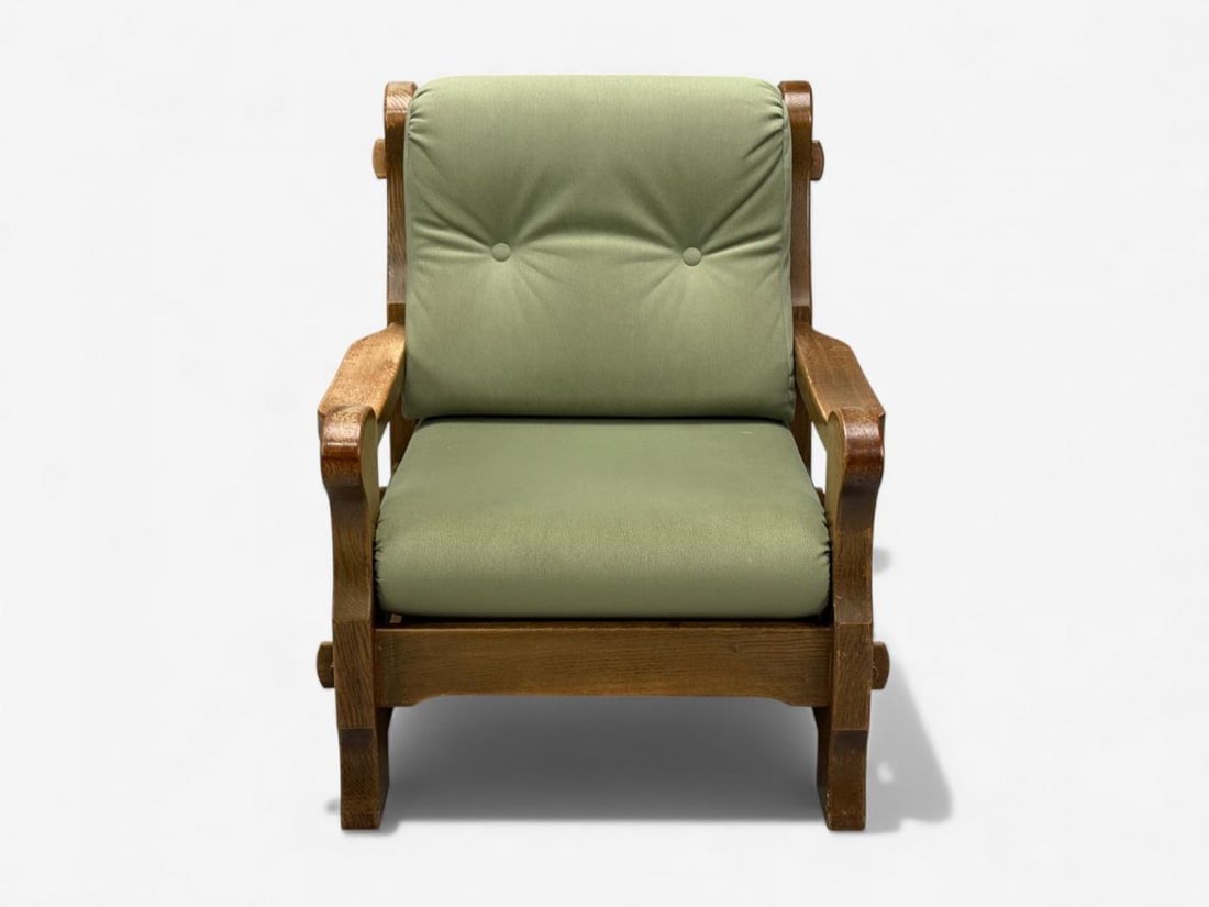 Danish Modern, Oak, Green Nubuck, Brutalist Lounge Chair, Denmark, 1960s - 2