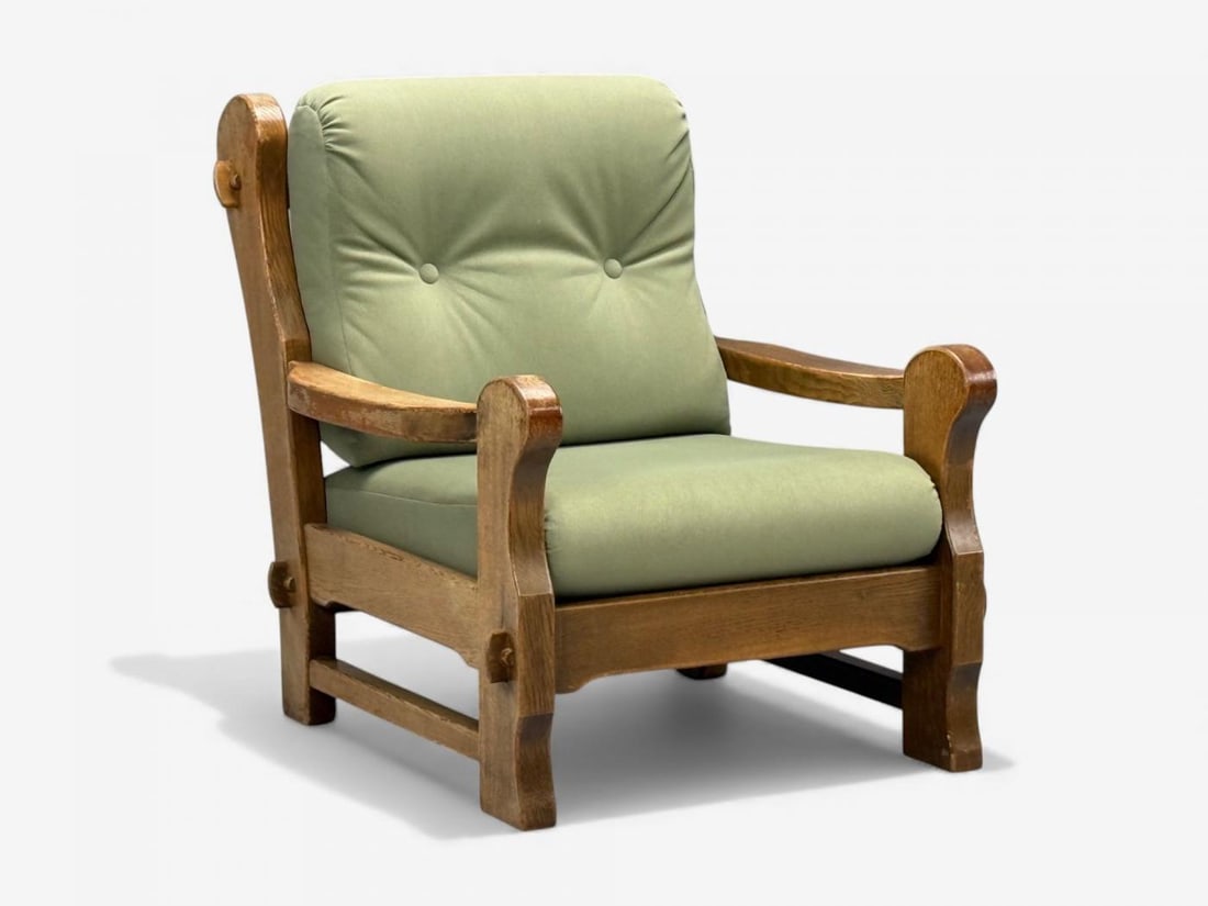 Danish Modern, Oak, Green Nubuck, Brutalist Lounge Chair, Denmark, 1960s - 3