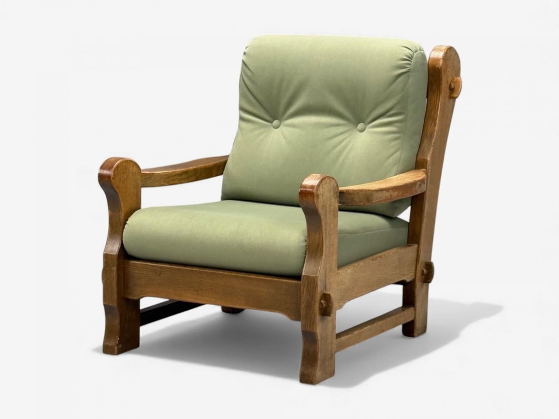 Danish Modern, Oak, Green Nubuck, Brutalist Lounge Chair, Denmark, 1960s - 4