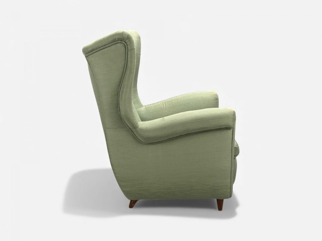 Melchiorre Bega, Green Fabric, Wood, Lounge Chair, Italy, 1950s - 10