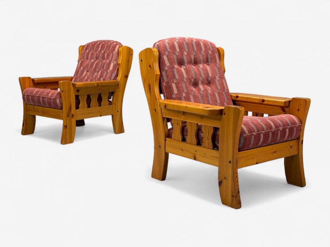 Swedish Modern, Pine, Red Fabric, Brutalist Lounge Chairs, Sweden, 1950s - 2