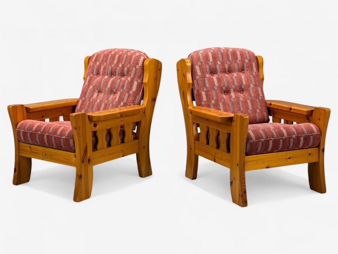 Swedish Modern, Pine, Red Fabric, Brutalist Lounge Chairs, Sweden, 1950s - 3