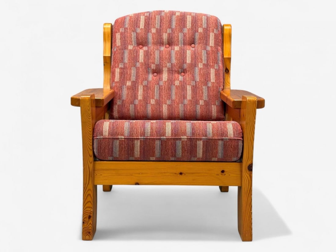 Swedish Modern, Pine, Red Fabric, Brutalist Lounge Chairs, Sweden, 1950s - 5