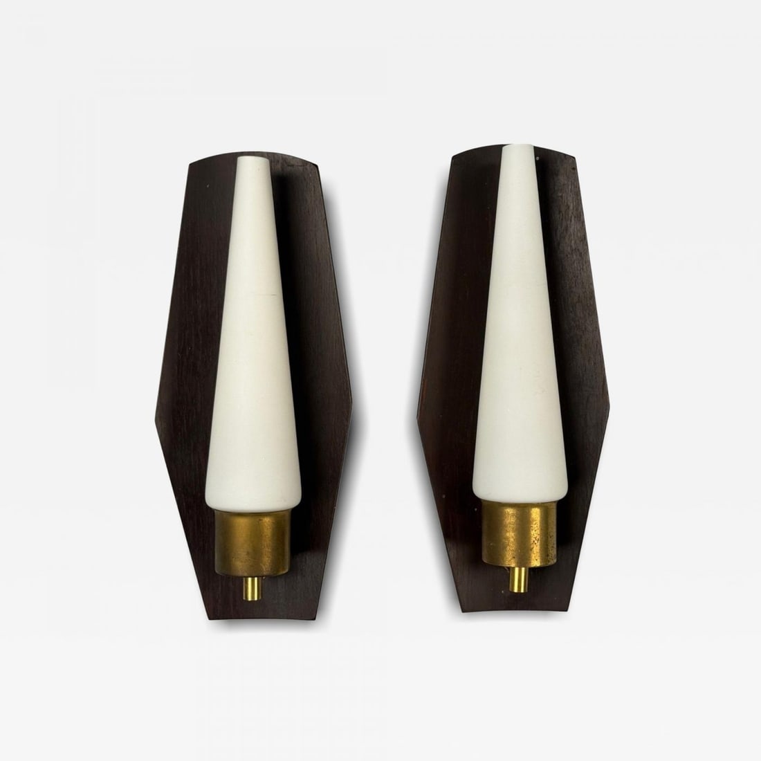 Danish Modern, Teak, Brass, Opaline Glass, Wall Lights, Denmark, 1960s: Title: Danish Modern, Teak, Brass, Opaline Glass, Wall Lights, Denmark, 1960s Description: "Danish Mid-Century Modern, Teak, Brass, Opaline Glass, Wall Lights, Denmark, 1960s Pair of modernist wall sc