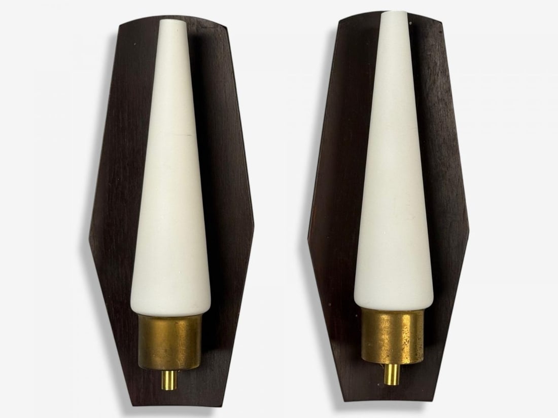 Danish Modern, Teak, Brass, Opaline Glass, Wall Lights, Denmark, 1960s - 2