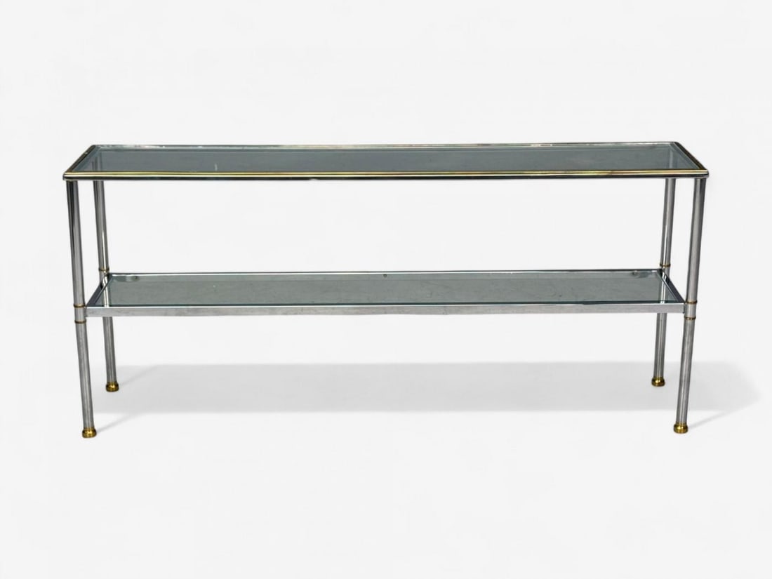 Maison Jansen Style, Steel, Brass, Glass, Console Table, France, 1970s - 2