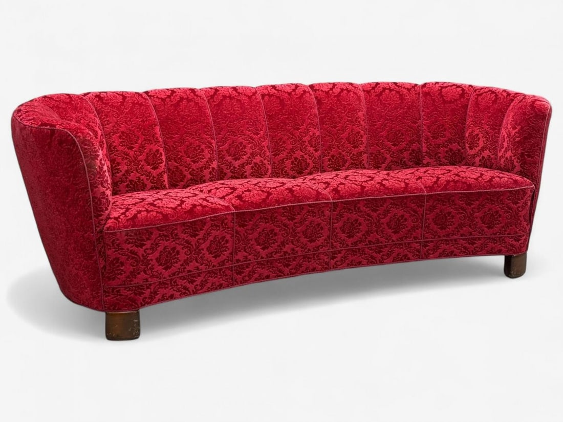 Danish Cabinetmaker, Oak, Fabric, Curved Banana Sofa, Denmark, 1960s - 2